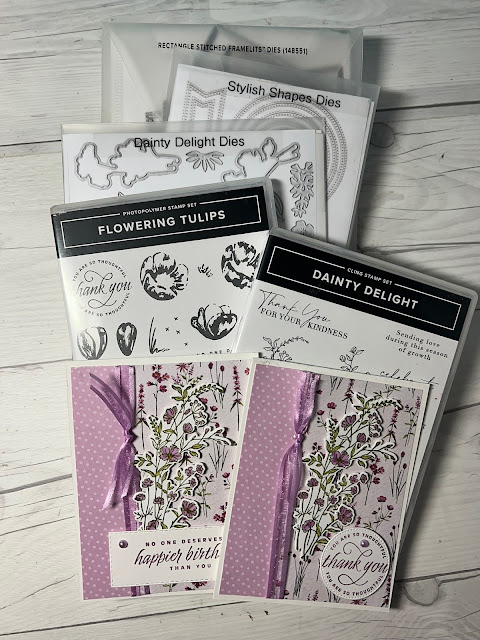 Craft tools used to create floral greeting cards using Stampin' Up! Dainty Flowers Designer Series Paper