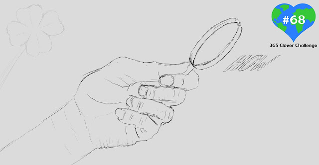 Pencil drawing of a hand with a loupe looking at the word HOW