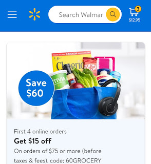 Screenshit Walmart Grocery coupon code from Walmart website. Text reads- search Walmart-Save $60 - First 4 Online Orders-Get $15 off on orders of $75 or more before taxes and fees-Code 60GROCERY