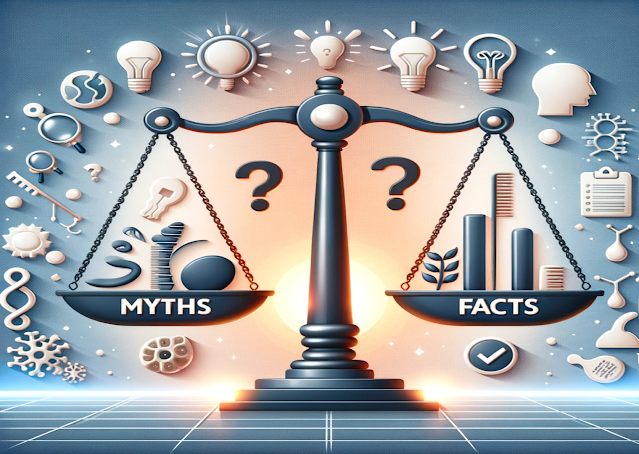 An illustration depicting a balanced scale weighing myths against facts related to hair loss, surrounded by symbols representing concepts like ideas, research, natural ingredients, and questions, inviting viewers to discern truth from misinformation on the subject.