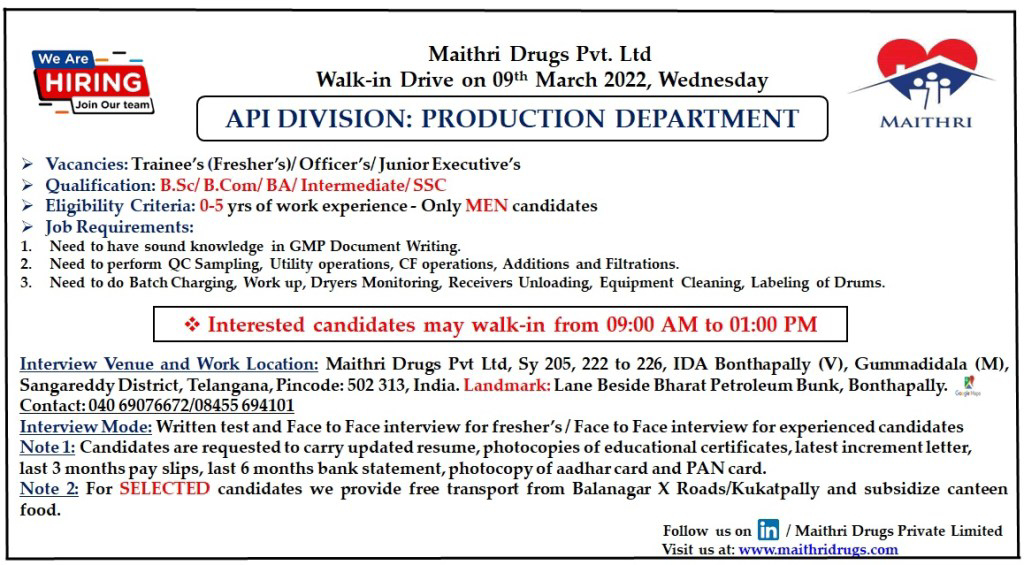 Job Availables,Maithri Drugs Pvt. Ltd  Walk-In-Interview For BSc/ B.Com/ BA/ Intermediate