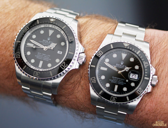 Wrist Shot of rolex Deepsea (left) and Submariner (right) Side by Side