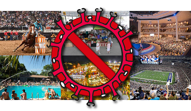 A montage of crowded venues from an earlier post on this blog, with a circular “NO” symbol over it. The circle of the “NO” symbol has the outline of a coronavirus molecule.