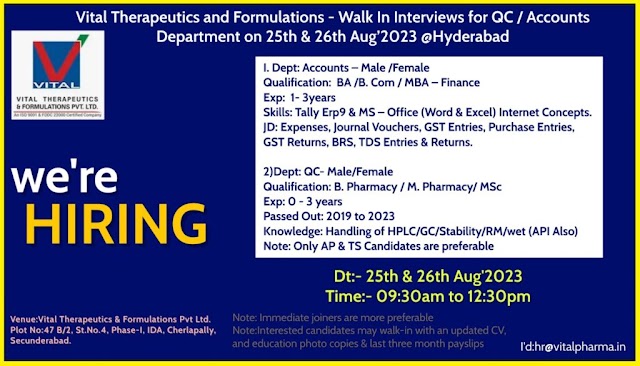 Vital Therapeutics | Walk-in interview for Freshers and Experienced on 25th & 26th Aug 2023