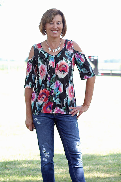 Simplicity 8337, view B made from Mood Fabrics' floral jersey