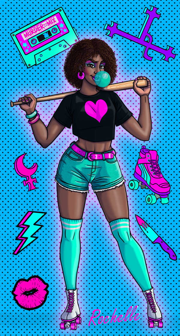 A teenage Black girl with natural hair. She's wearing roller skates, blowing green bubble gum, and has a bat slung over her shoulders. She surrounded by images of roller skates, a bloody knife, symbols for the demon Lilith, and a murder mix tape. The art is colored in pinks, teals, greens, blues, and purples. All colors that were popular in the eighties.