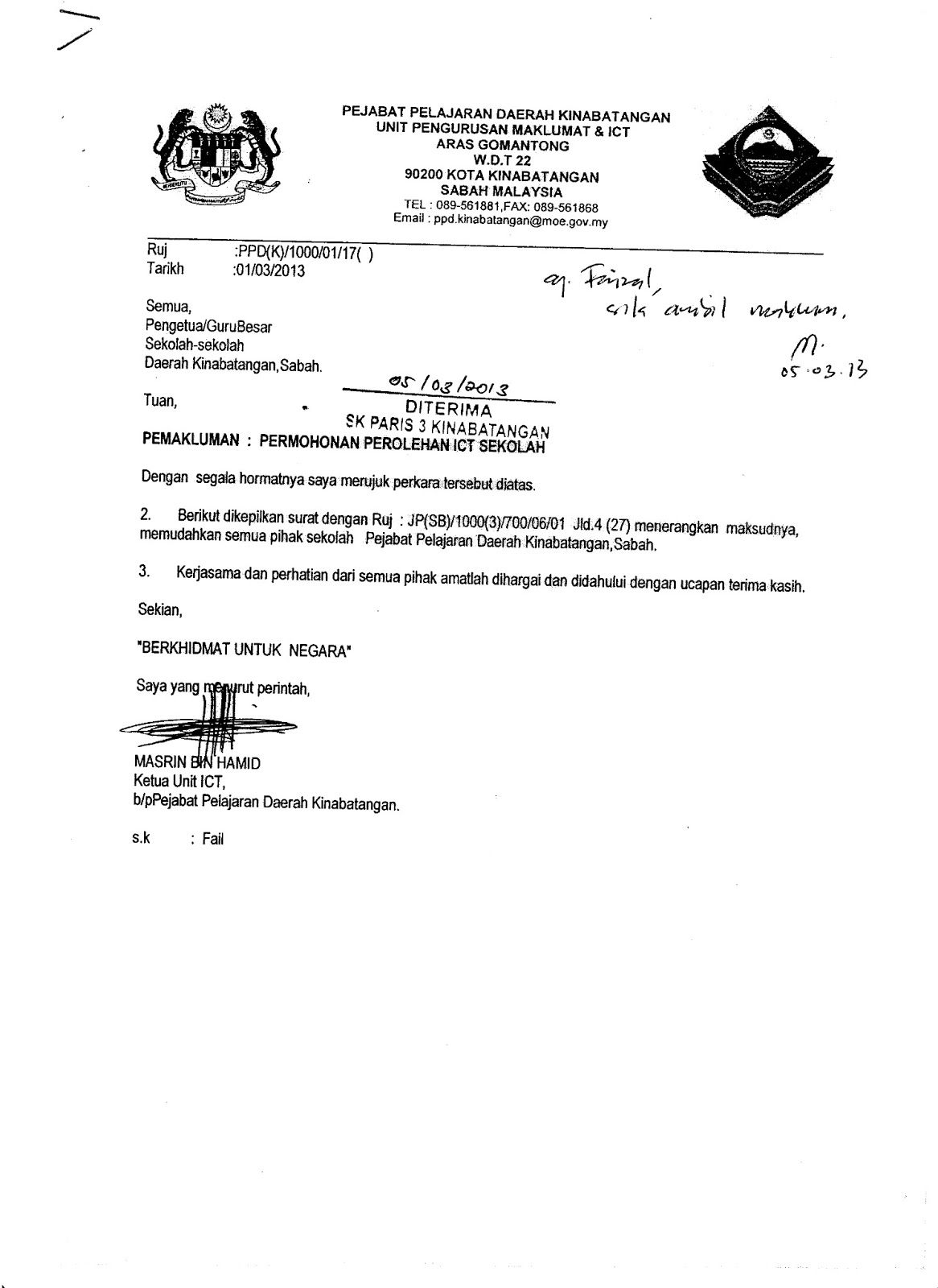 LoNgK@i_2U (*_*): SURAT RASMI DARI PPD KINABATANGAN 