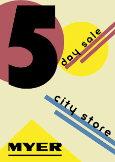 A chunky bold 5 in the top corner over a muted red circle. The words day sale and city store at angles. The Myer logo at the bottom in a yellow triangle. All over a cream background.