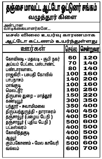 வழுத்தூர் ஆட்டோ ஓட்டுனர்கள் சங்கத்தின் கட்டண நிர்ணயம்,,