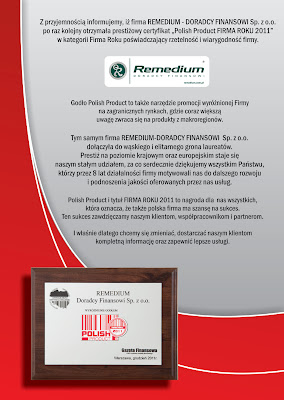 Polish Product Firma Roku 2011 certyfikat dla Remedium Doradcy Finansowi