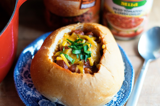 The finished chili in the bread bowl. 