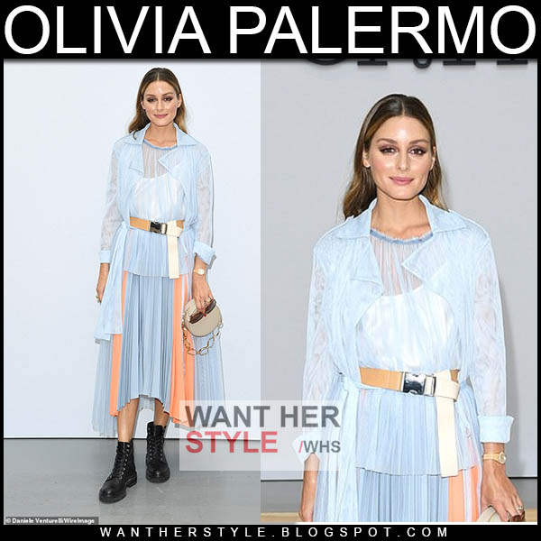 Olivia Palermo in sheer pale blue coat and pleated midi skirt