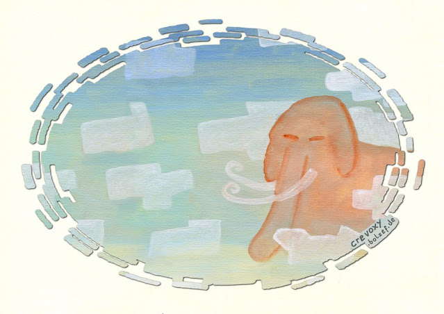 Haariges Mammut läuft durch Eisblöcke, Aquarell Zeichnung | Hairy mammoth walks through blocks of ice, watercolor drawing