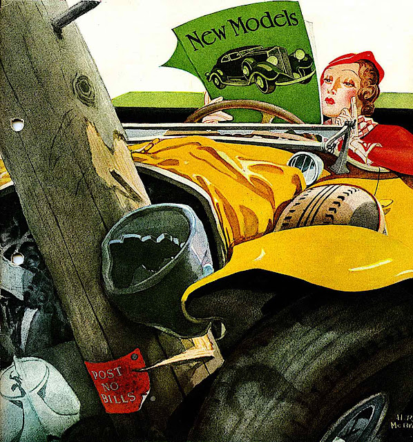 New Models, a 1933 H.R. McBride illustration for The New Yorker Magazine, a woman in a crashed car reading a new car brochure