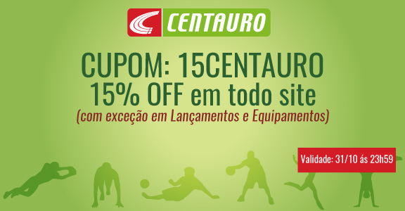  <a href='http://v2.afilio.com.br/tracker.php?banid=1294544&campid=32348;382&siteid=45171' target='_blank'>Cupom:  15CENTAURO 15% OFF em todo site Centauro com exceção em Lançamentos e Equipamentos.</a><br>Aproveite- válido até 31.10 as 23h59.<br>