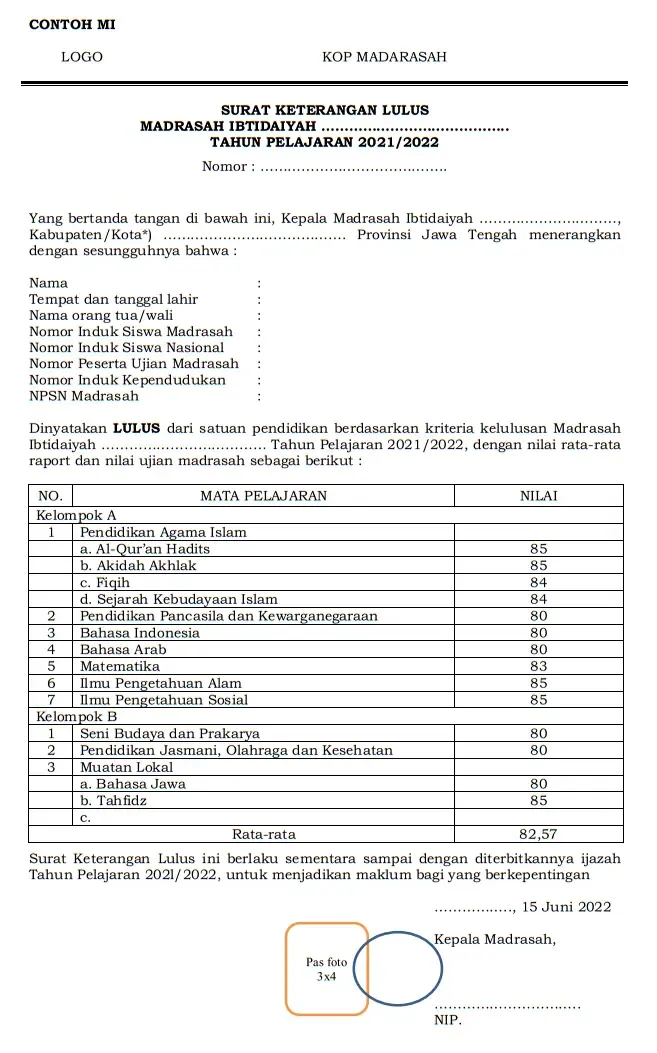 Contoh Surat Keterangan Lulus (SKL) Siswa MI Tahun 2022