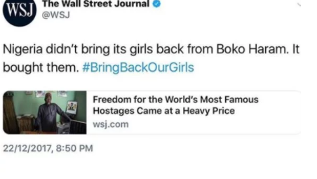 Wall Street Journal claims that Nigeria paid €3million for the release of Chibok girls 