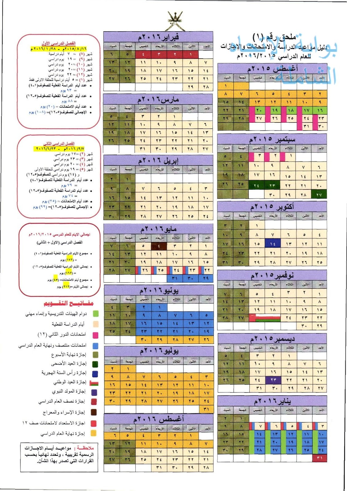 دليل مواعيد الدراسة والامتحانات والإجازات سلطنة عام 2015 ...