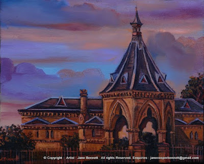 Plein air oil painting of nocturne of Mortuary Stationnear Central Station,  painted by industrial heritage artist Jane Bennett