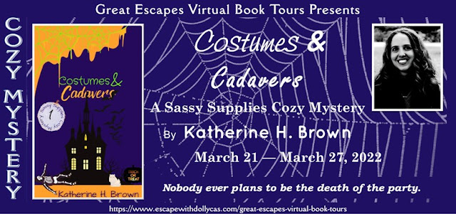 banner image featuring novella book cover costumes and cadavers and author image of katherine brown