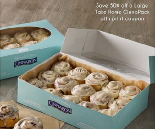 Cinnabon 50% Off Take Home Pack Coupons + Free Minibon With Beverage