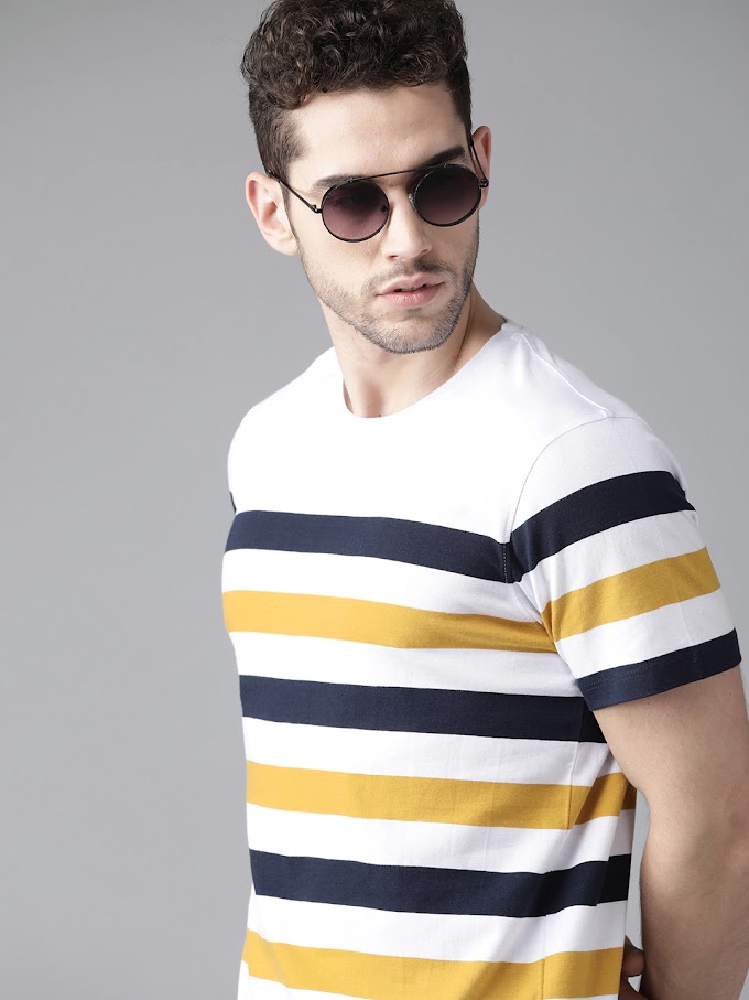 Men White & Navy Blue Striped Pure Cotton Round Neck T-shirt BUY ROADSTER