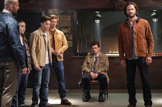 Alexander Calvert as Jack, Misha Collins as Castiel, and Jared Padalecki as Sam Winchester in Supernatural 14x01 "Stranger in a Strange Land"