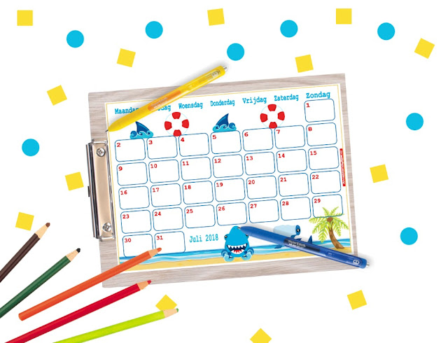 juli 2018 maandkalender printable, vrolijke kalender, gratis printable, gratis kalender voor de zomer, zomer kalender, kalender gratis printen, kalender kopen, kinder kalender, aftelkalender, kalender van Annekoendigitaal