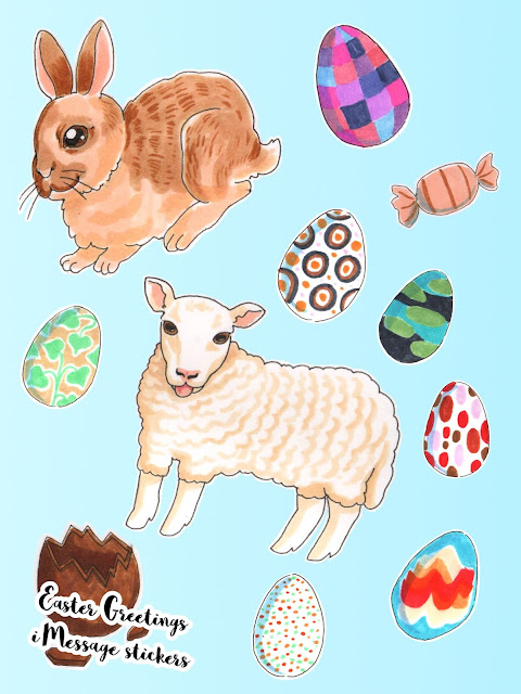 A bunny, a sheep and eggs (from Easter Greetings iMessage sticker pack) / Pupu, lammas ja munia (iMessage-tarrakokoelmasta Pääsiäistervehdys-tarrat)