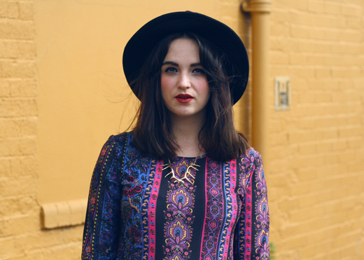 woolen hat, wide brim hat, hunter, floral dress, bright printed dress, hippy, hippie, antler necklace, 