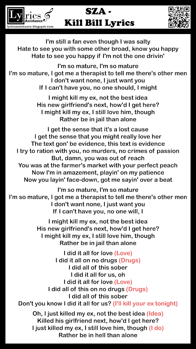 SZA - Kill Bill Lyrics | lyricsassistance.blogspot.com