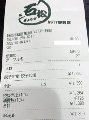 石松餃子 アスティ静岡店 2022/7/4 飲食