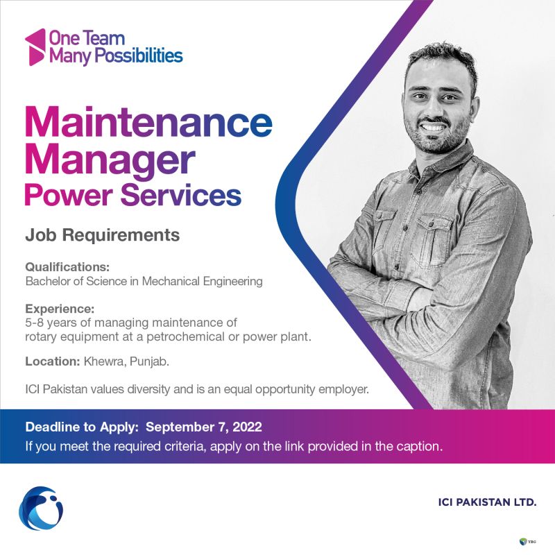 ICI Pakistan Limited Jobs for Maintenance Manager Power Services