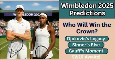 Jannik Sinner and Coco Gauff standing on Centre Court Wimbledon 2025, holding rackets, under sunny skies.