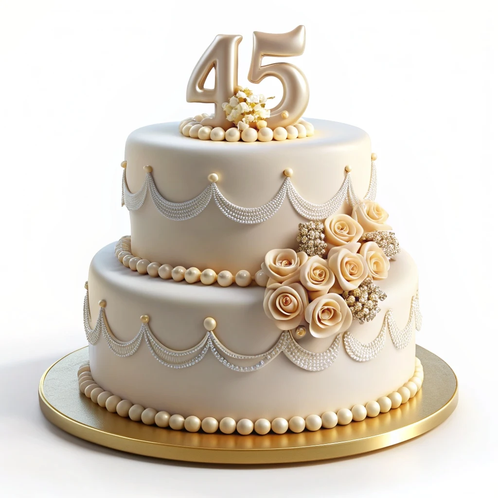  Pastel de aniversario de bodas de 45 años en color blanco decorado con rosas y perlas 