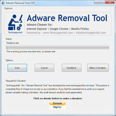 Tela inicial Adware Removal Tool