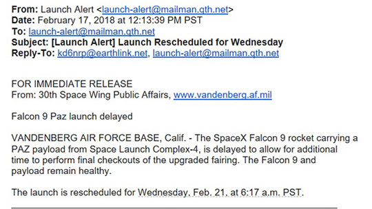 Falcon 9 launch from Vandenberg delayed till Wednesday, February 21