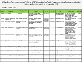 Every overseas Filipino worker (OFW) must be aware of the cargo company where they send their hard-earned balikbayan boxes. Make sure that you only entrust them to the cargo and freight forwarders accredited by the Department of Trade and Industry (DTI) to assure its safety.        Ads      Sponsored Links  There were reports of loss, pilferage, and damaged items due to mishandling. If your cargo company is not licensed and accredited by the DTI, chances are, your complaints will be for nothing and you will lose your packages forever especially if the sent your cargo to a fly-by-night courier service.  DTI has released the latest list of accredited cargo forwarders as of September 2018.                                                                                                                                                                                                                                                                                  Just check the list of the accredited cargo forwarders in your host country to make sure that the balikbayan box you diligently saved for months just to send them to your loved ones may surely reach its destination safely and should any problem arise, you can always reach the DTI to file complaints.    For complaints and queries, you can contact DTI at the following:   DEPARTMENT OF TRADE & INDUSTRY Trade & Industry Building 361 Senator Gil J. Puyat Avenue, Makati City Metro Manila, Philippines 1200  Trunkline: (+632) 7510-DTI (384) Office Hours: 8:00am-5:00pm, Monday to Friday (excluding holidays)  DTI Direct Hotline: (+632) 751.3330 Mobile: (+63) 917.834.3330 Email: ask@dti.gov.ph Filed under the category of overseas Filipino worker, OFW, balikbayan boxes, cargo and freight forwarders, Department of Trade and Industry , DTI accredited, 