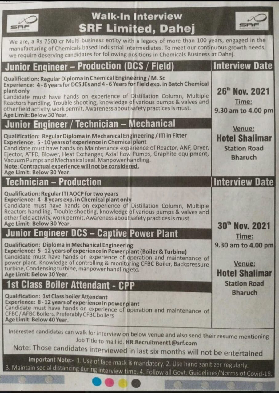 Job Availables,SRF Limited Walk-In-Interview For Diploma in Chemical Engineering/ M.Sc/ Diploma in Mechanical Engineering/ ITI in Fitter/ ITI AOCP/ 1st Class boiler Attendant