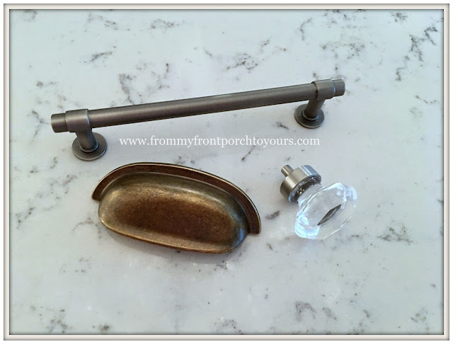 farmhouse kitchen-Cabinet Hardware-Cup Pulls-Crystal Knobs-Mixing Metals- DIY-from my front porch to yours