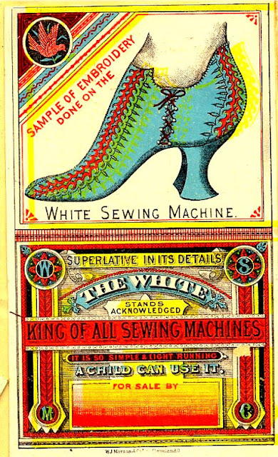 Fancy blue ladies' shoe with red and yellow embroidery at top, colorful ad copy below