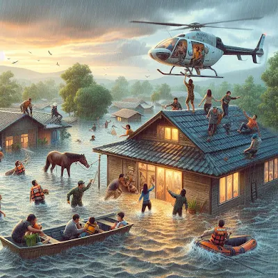 Inundação, chuva; pessoas sendo socorridas por helicóptero e barcos, um cavalo na água. #PraCegoVer #ParaTodosVerem