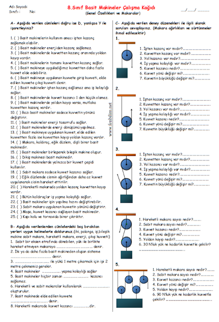 8.Sınıf Basit Makineler Çalışma Kağıdı