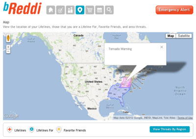 Screen capture from the new bReddi Facebook App showing a U.S. Map with local severe weather warnings.