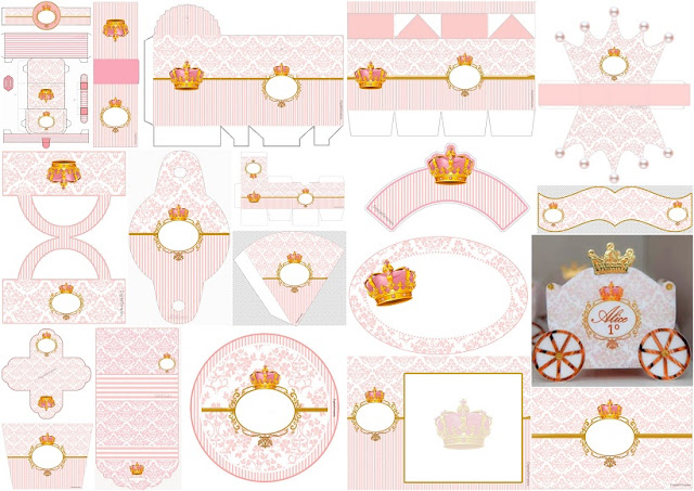 Golden Crown in Pink Damasks: Free Printable Kit for Weddings.