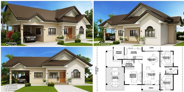 Plano de una casa moderna de una sola planta de tres dormitorios