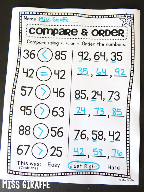 Comparing numbers and ordering numbers worksheets to practice putting numbers in order and using greater than less than equal to symbols in first grade math