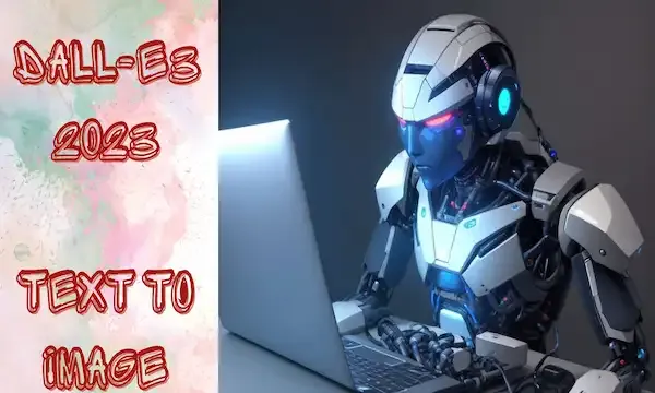 A robot sitting in front of a laptop computer. The robot is sitting at a desk, and the laptop computer is sitting in front of it. The robot's hands are resting on the keyboard, and it is looking at the screen. The laptop computer is open. On the left corner there is asign indicating "DALL-E3, 2023, Text to Image.