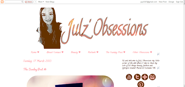 screenshot of Julz Obsessions with brown and grey image of girl with long hair next to header