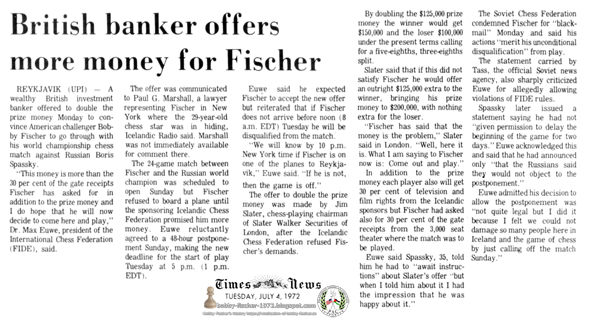 British Banker Offers More Money for Fischer